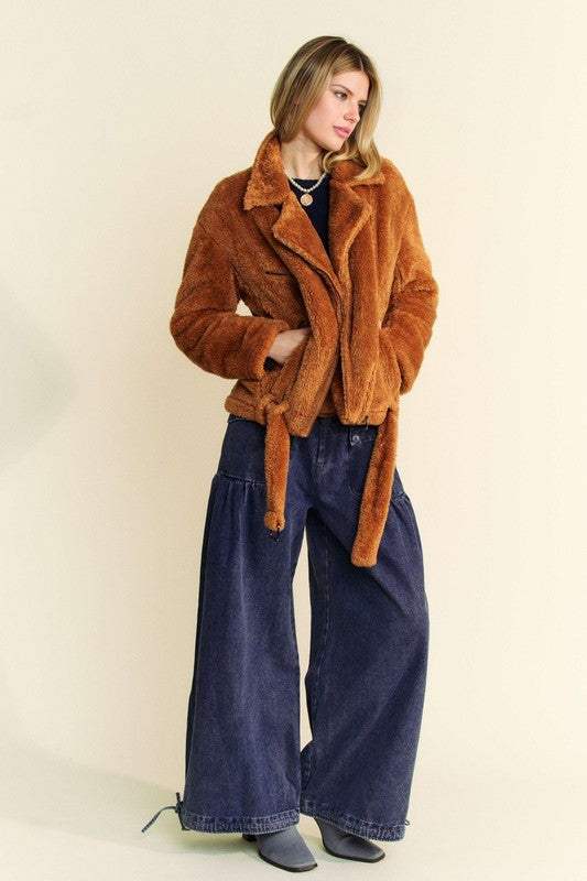 Davi & Dani Fuzzy Zip Up Collared Neck Jacket - Trendsi - Flyclothing LLC