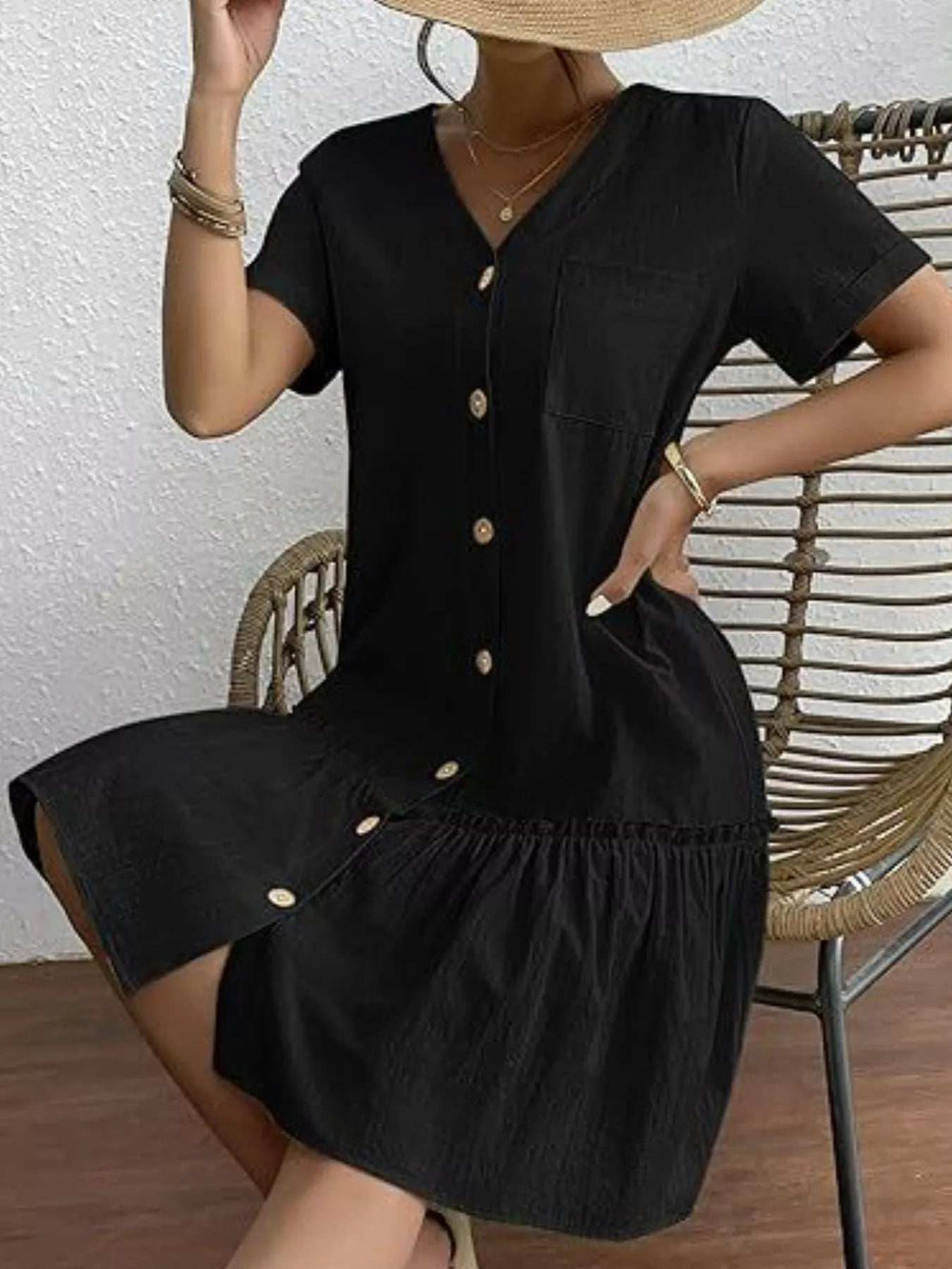 Full Size Button-Front Short Sleeve Tiered Dress Plus Size - Trendsi - Flyclothing LLC
