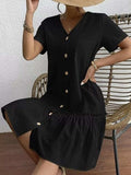 Full Size Button-Front Short Sleeve Tiered Dress Plus Size - Trendsi - Flyclothing LLC