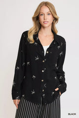 Umgee Linen Blend Fitted Shirt with Ribbon Embroidery Details - Trendsi - Flyclothing LLC