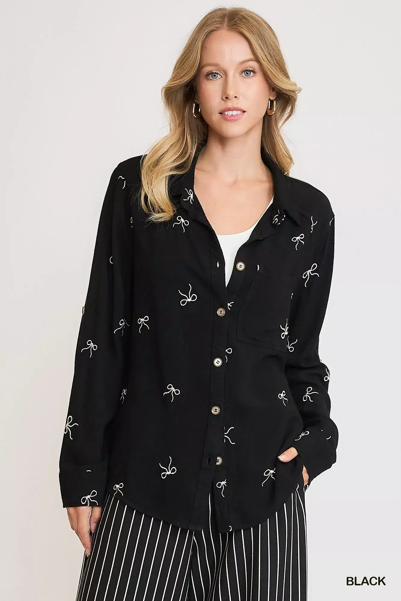 Umgee Linen Blend Fitted Shirt with Ribbon Embroidery Details - Trendsi - Flyclothing LLC