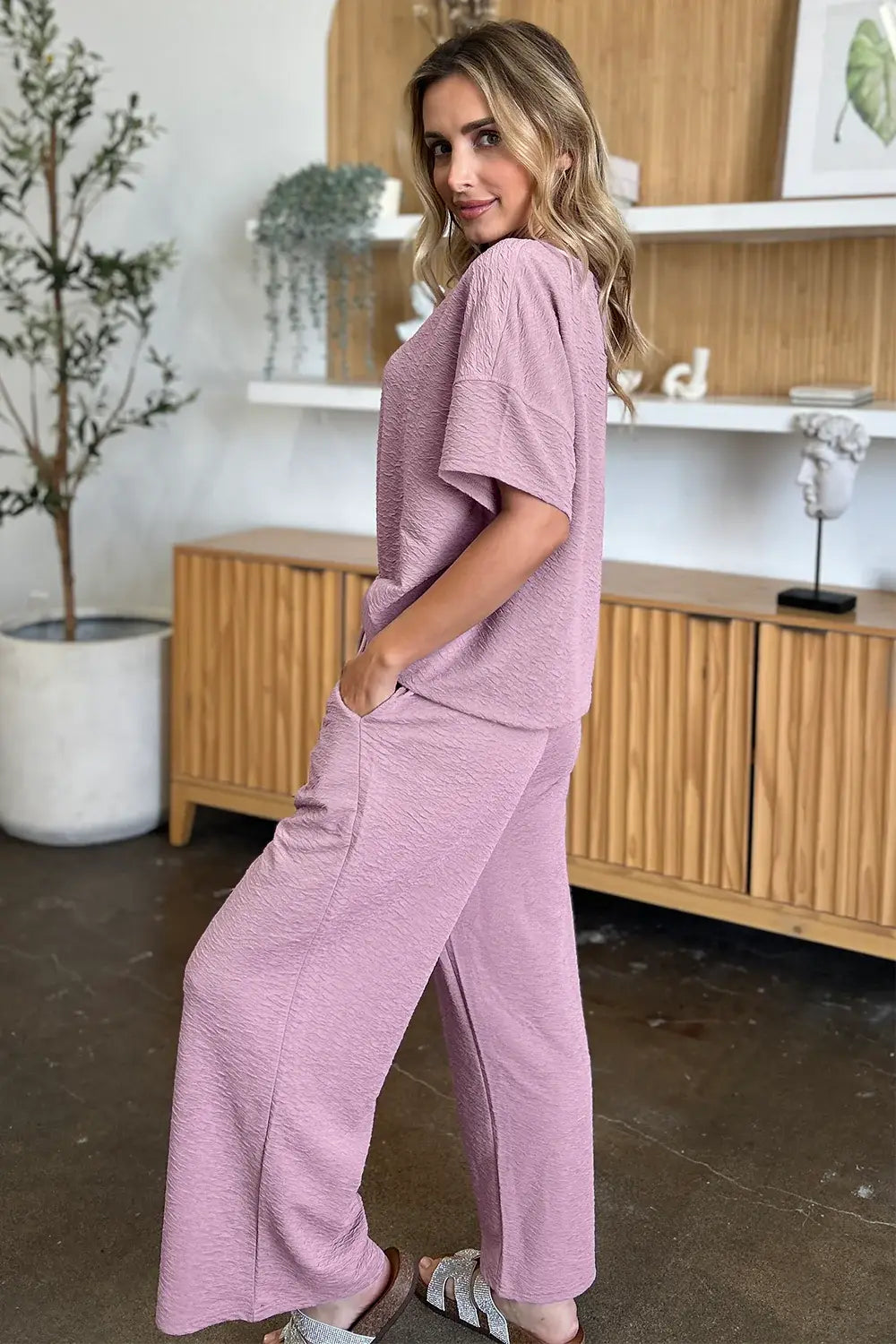 Double Take Full Size Texture Short Sleeve Top and Pants Set - Trendsi - Flyclothing LLC