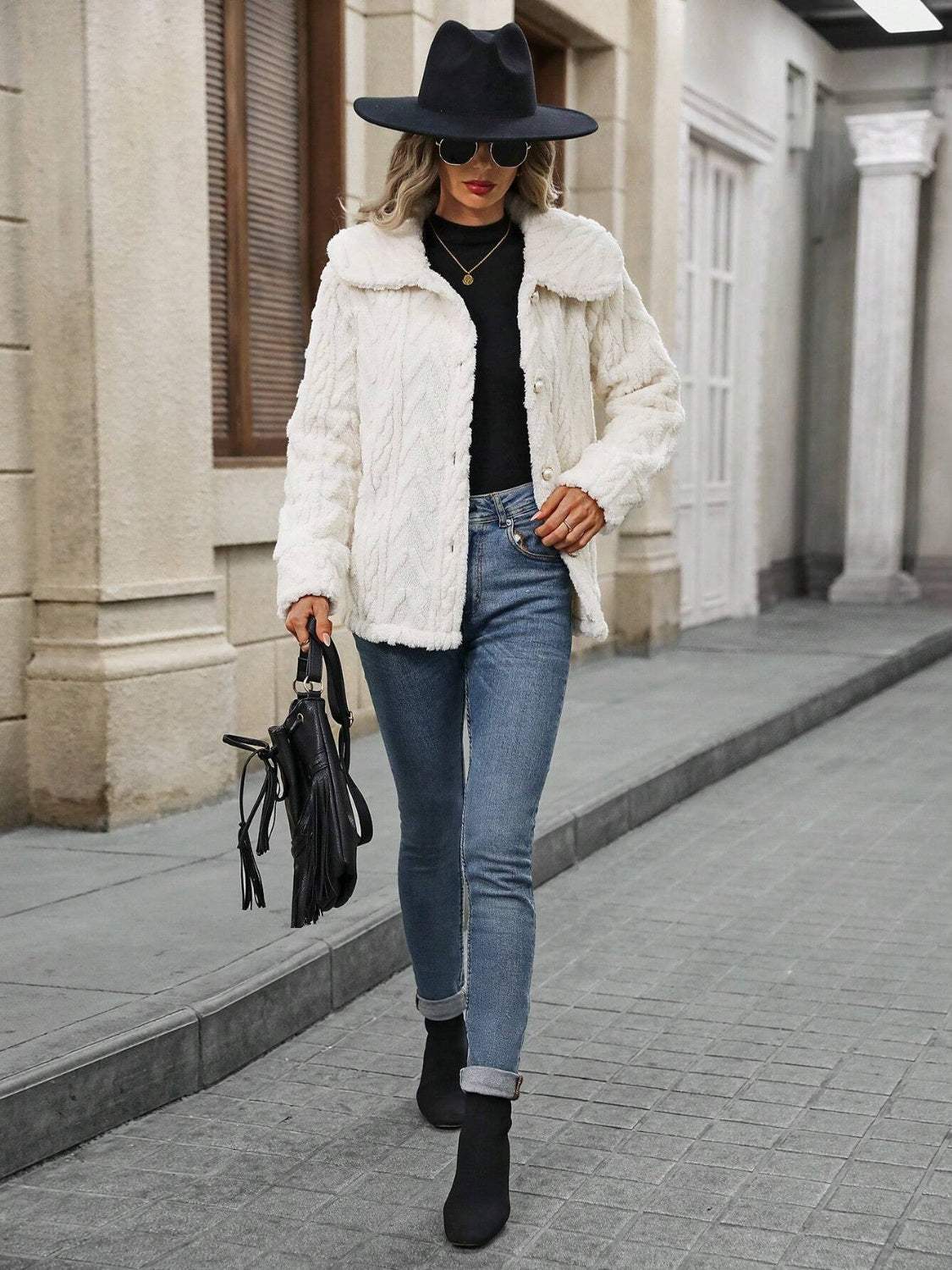 Fuzzy Texture Button Up Collared Neck Coat - Trendsi - Flyclothing LLC