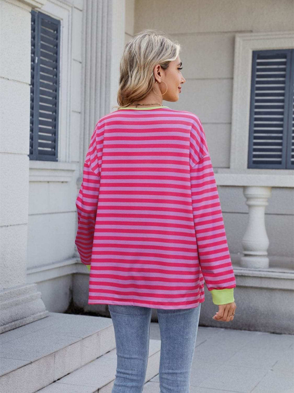 Lace-Up Striped Long Sleeve T-Shirt - Trendsi - Flyclothing LLC