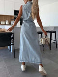 Button Front Sleeveless Denim Dress - Trendsi - Flyclothing LLC