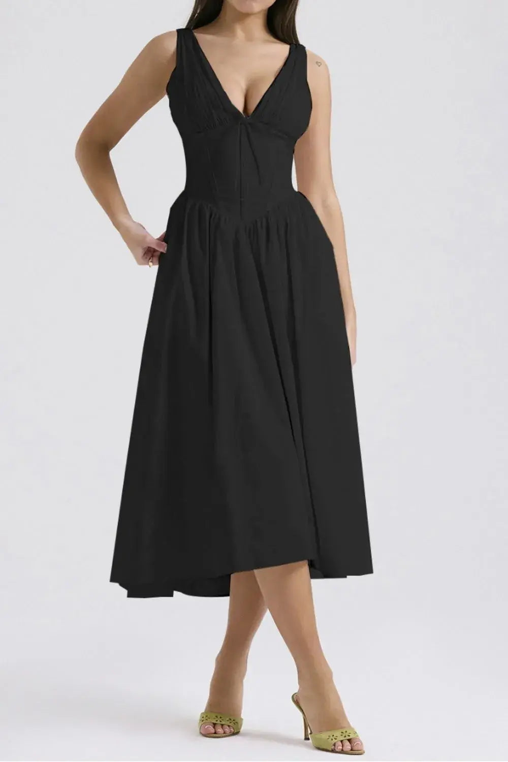 Ruched V-Neck Sleeveless Dress with Pockets - Trendsi - Flyclothing LLC