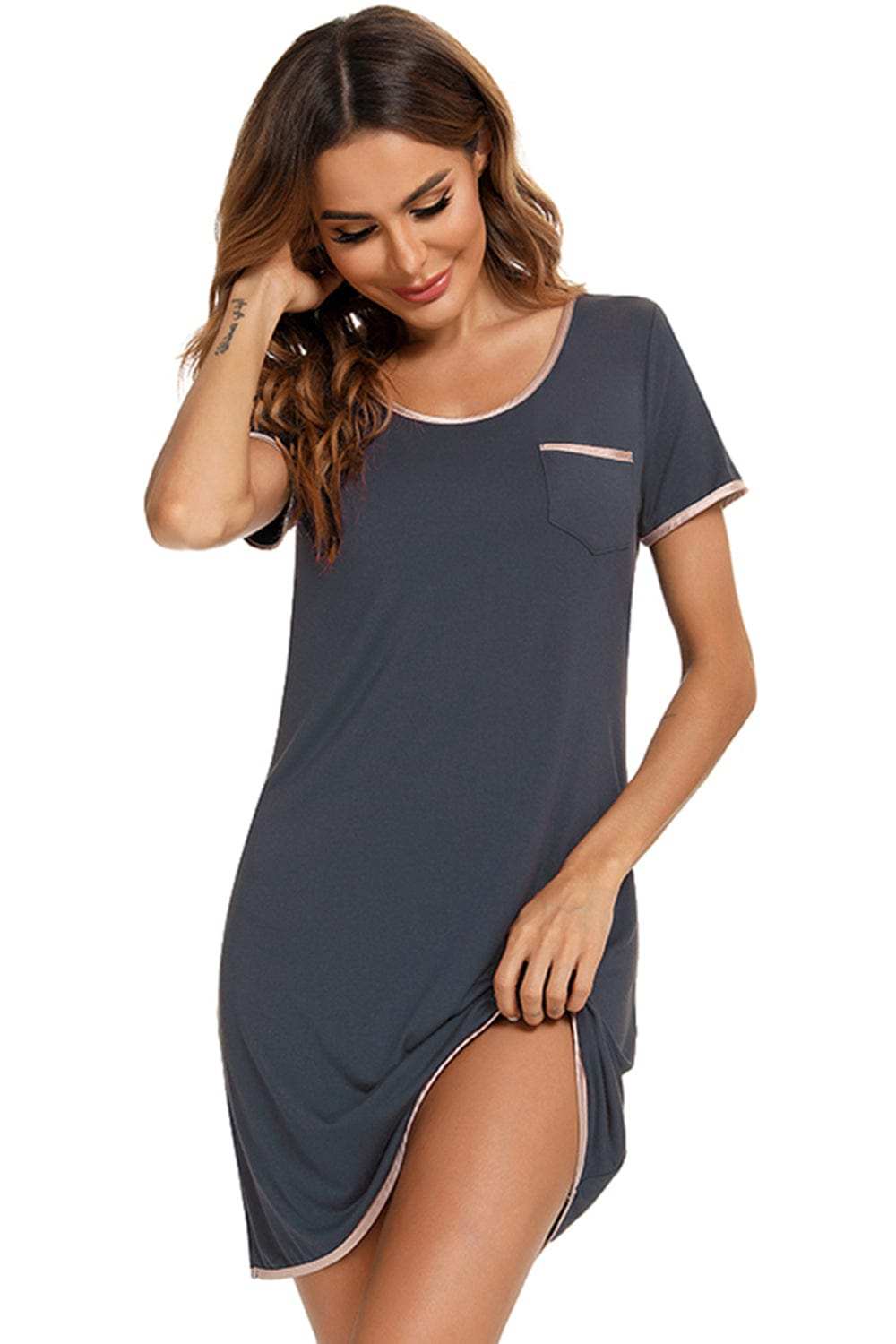 Contrast Trim Pocketed Round Neck Lounge Dress - Trendsi - Flyclothing LLC
