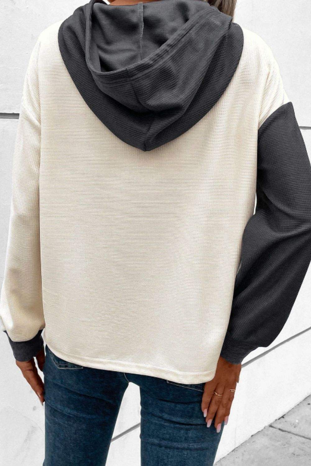 Waffle-Knit Two-Tone Long Sleeve Hoodie - Trendsi - Flyclothing LLC