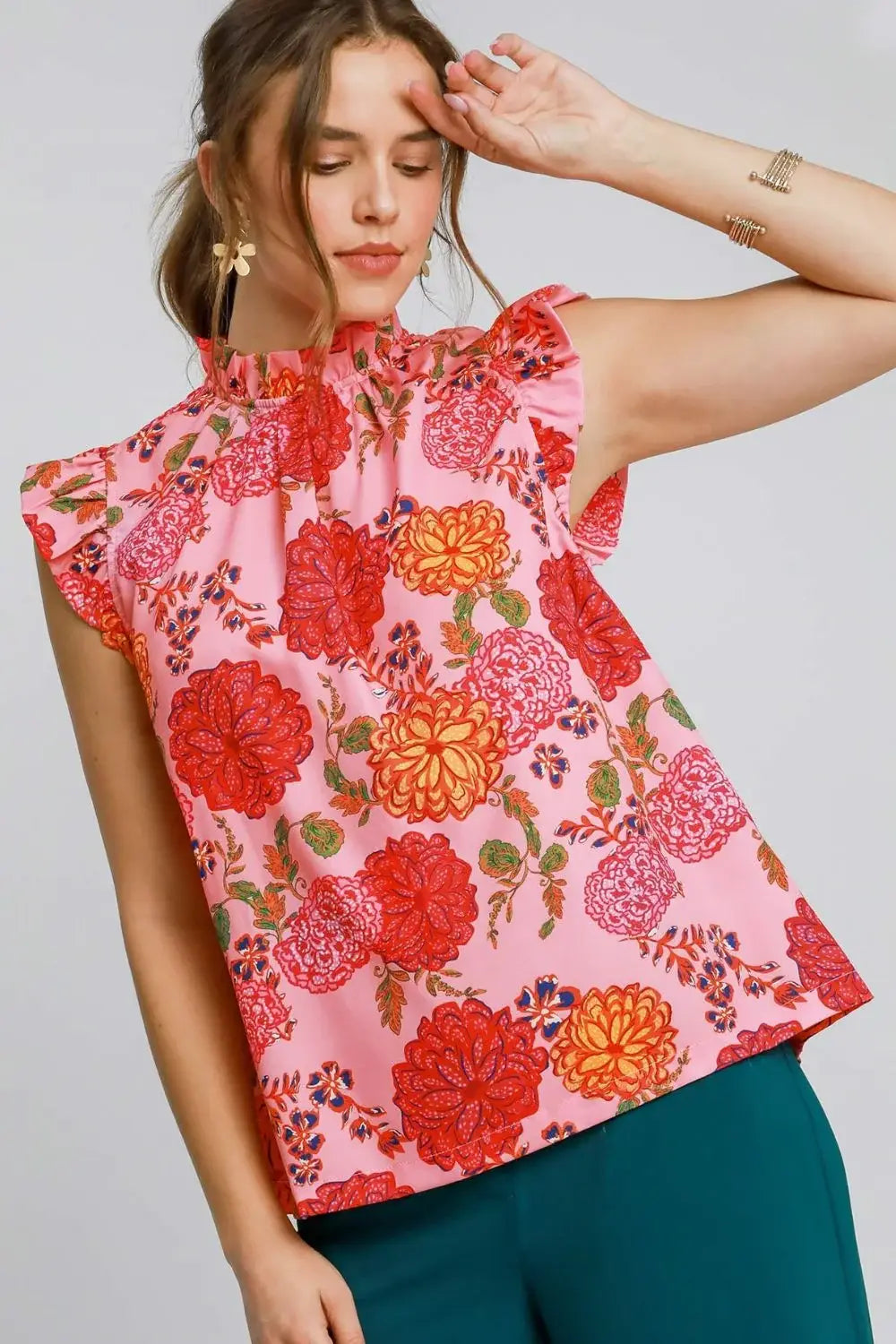 Umgee Full Size Floral Print Ruffled Cap Sleeve Blouse Plus Size - Trendsi - Flyclothing LLC