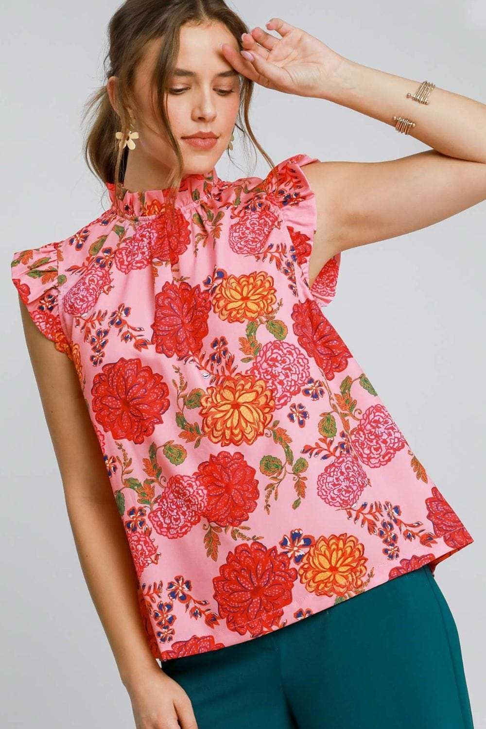 Umgee Full Size Floral Print Ruffled Cap Sleeve Blouse Plus Size - Trendsi - Flyclothing LLC