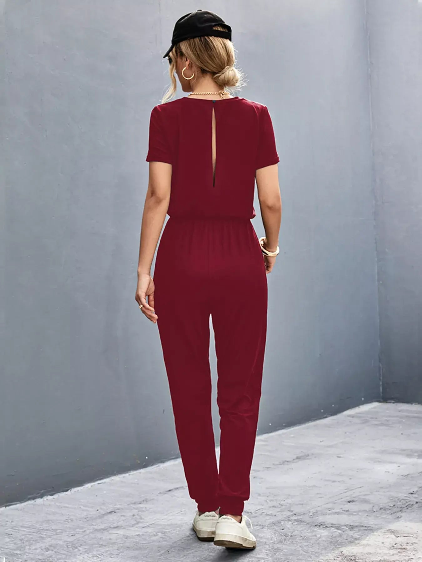 Casual V-Neck Short Sleeve Drawstring Waist Jumpsuit - Trendsi - Flyclothing LLC