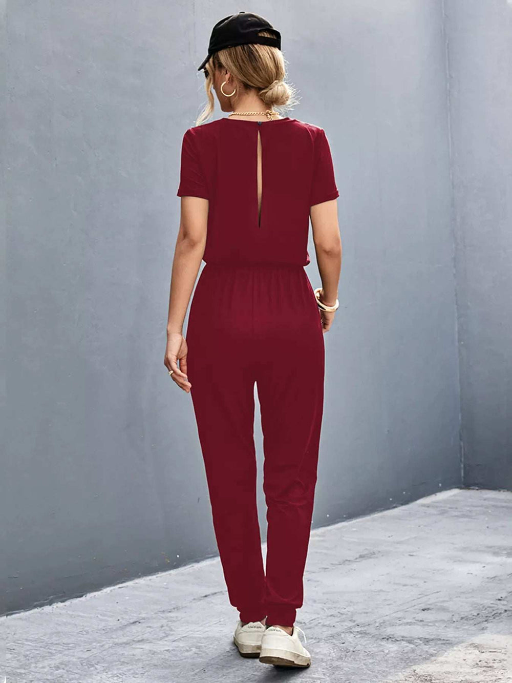 Casual V-Neck Short Sleeve Drawstring Waist Jumpsuit - Trendsi - Flyclothing LLC