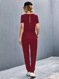Casual V-Neck Short Sleeve Drawstring Waist Jumpsuit - Trendsi - Flyclothing LLC