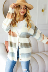 Haptics Full Size Button Down Stripe Soft Fuzzy Sweater Cardigan - Trendsi