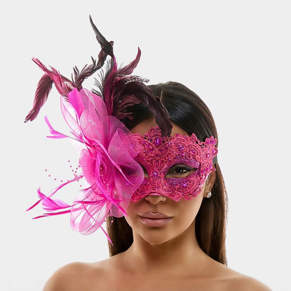Feather Flower Embellishment Lace Masquerade Halloween Party Mask - Madeline Love - Flyclothing LLC