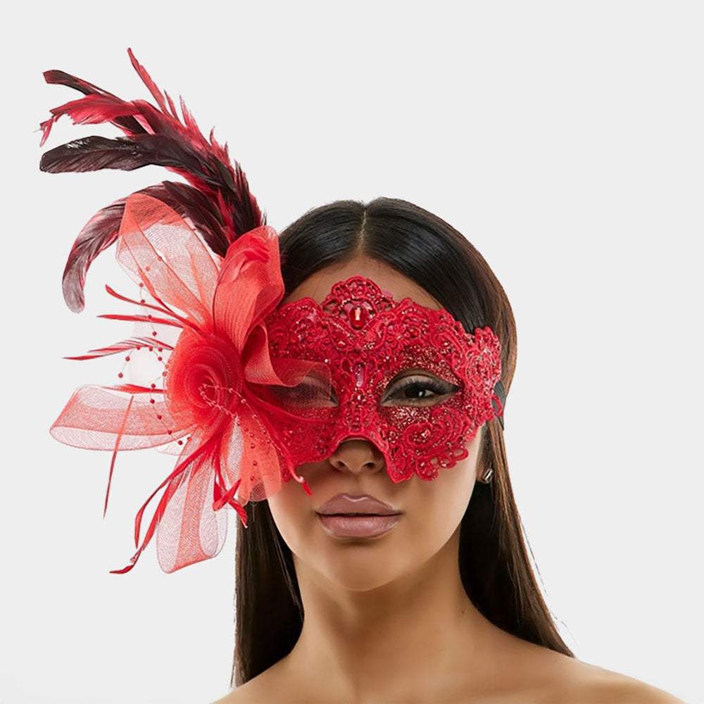 Feather Flower Embellishment Lace Masquerade Halloween Party Mask - Madeline Love - Flyclothing LLC