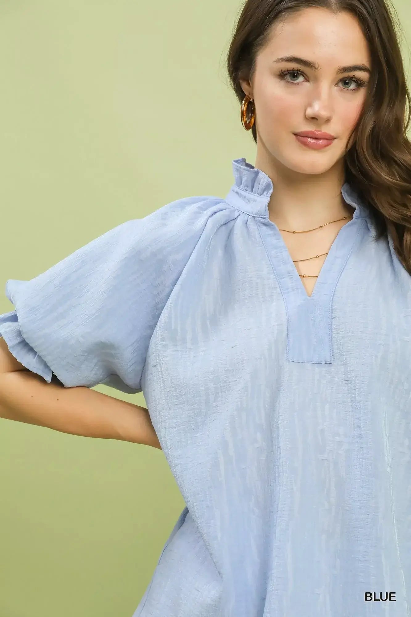 Umgee Textured Puff Sleeve Split Neck Top - Trendsi - Flyclothing LLC