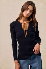 BiBi Ribbed Contrast Front Tied Top with Shrried - Trendsi - Flyclothing LLC