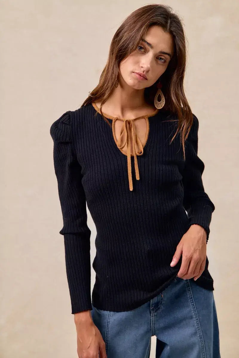 BiBi Ribbed Contrast Front Tied Top with Shrried - Trendsi - Flyclothing LLC
