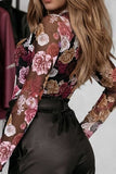 Floral Mock Neck Long Sleeve Mesh Top - Trendsi