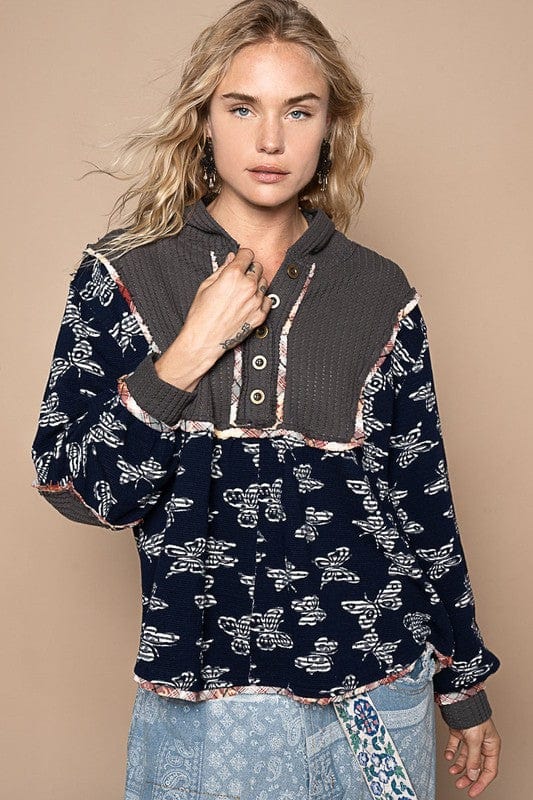 POL Butterfly Waffle-Knit Half Button Hooded Knit Top - Trendsi