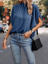 Swiss Dot Mock Neck Half Sleeve Blouse - Trendsi - Flyclothing LLC