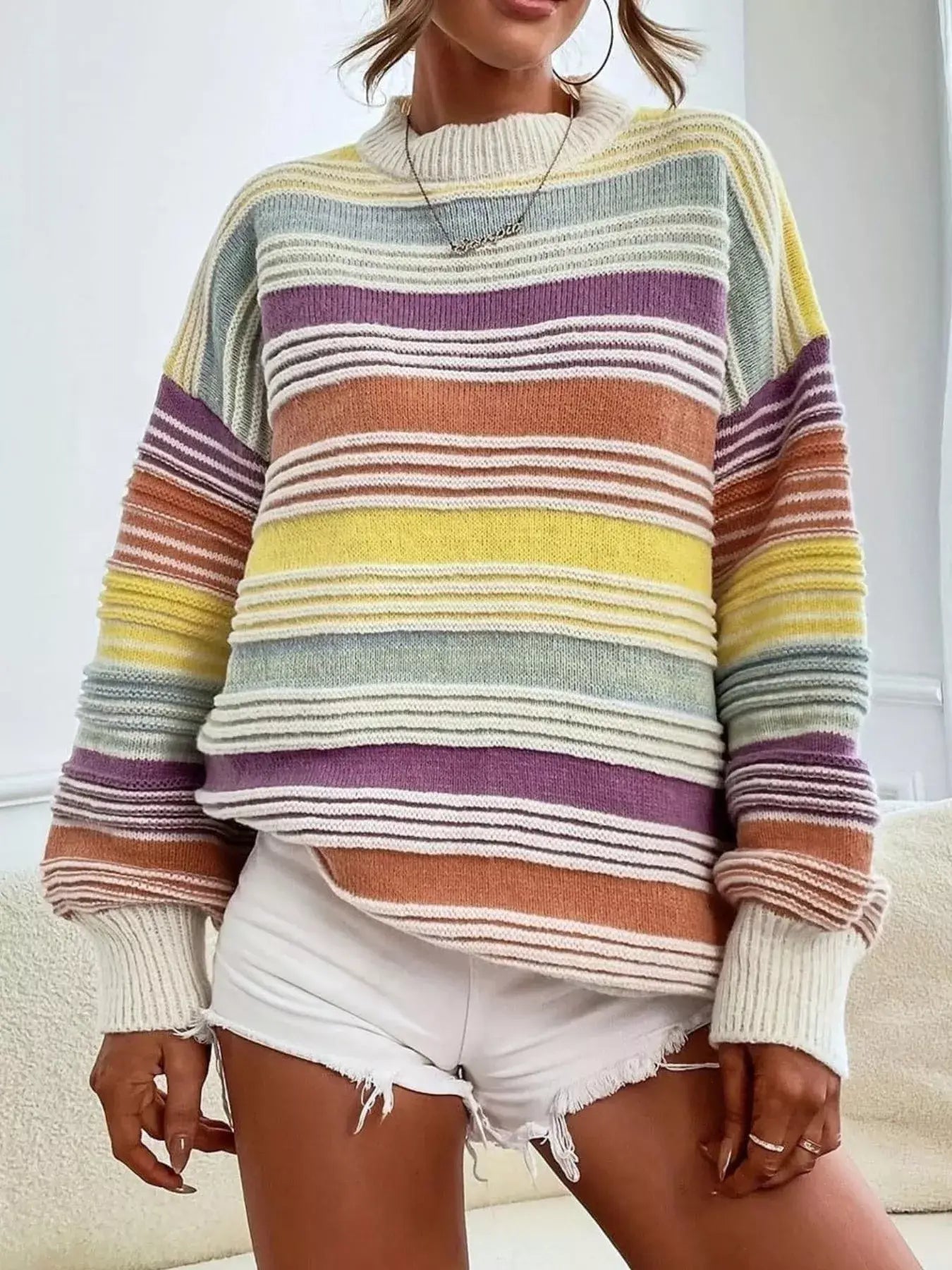 Striped Knit Long Sleeve Sweater - Trendsi - Flyclothing LLC