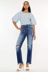 Kancan High Rise Distressed Slim Straight Jeans - Trendsi - Flyclothing LLC