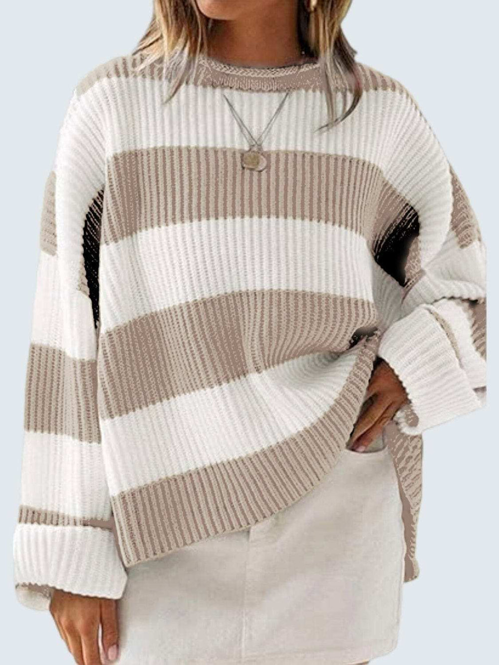 Round Neck Long Sleeve Sweater - Trendsi - Flyclothing LLC