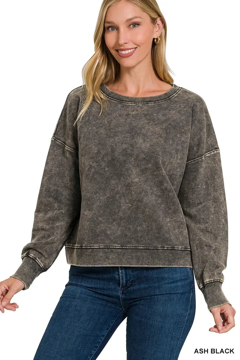 Zenana French Terry Acid Wash Boat Neck Sweatshirt - Trendsi - Flyclothing LLC