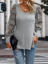 Slit Round Neck Lace Long Sleeve T-Shirt - Trendsi - Flyclothing LLC