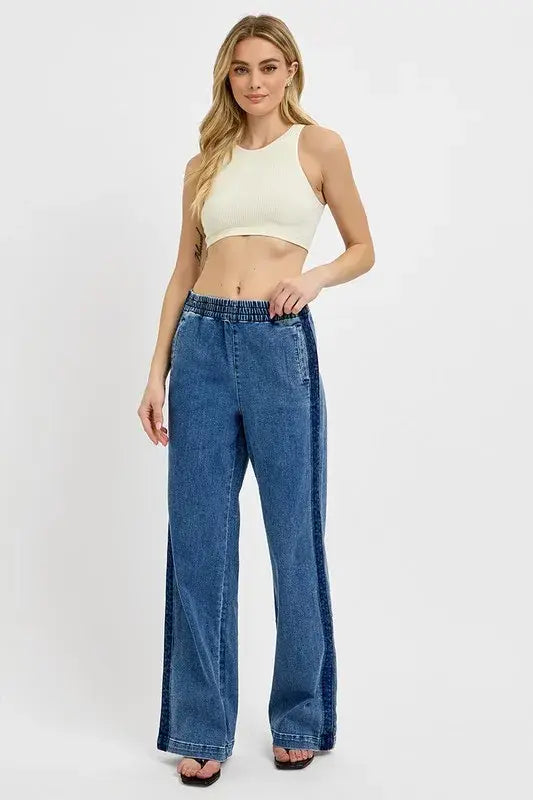 RISEN Full Size Elastic Waist Wide Leg Jeans Plus Size - Trendsi - Flyclothing LLC