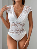 Perfee Lace Backless V-Neck Cap Sleeve Bodysuit - Trendsi