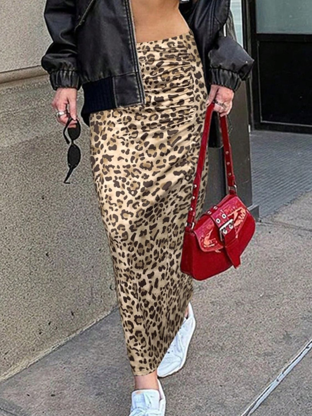 Honey Slit Leopard Midi Skirt - Trendsi
