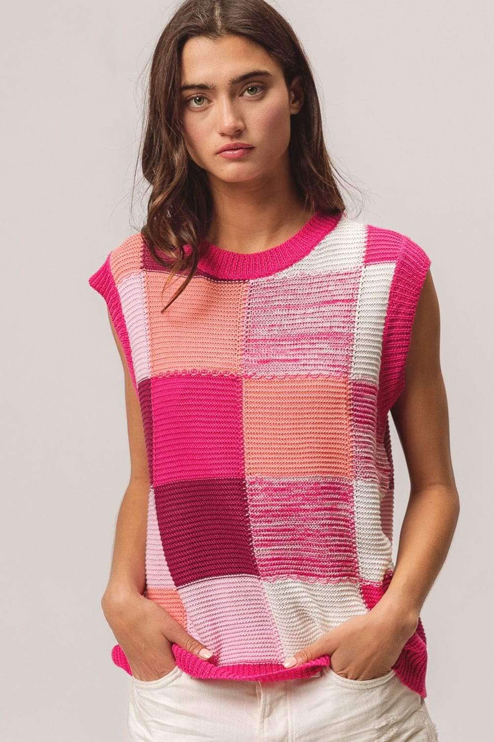 BiBi Color Block Round Neck Sweater Vest - Trendsi - Flyclothing LLC