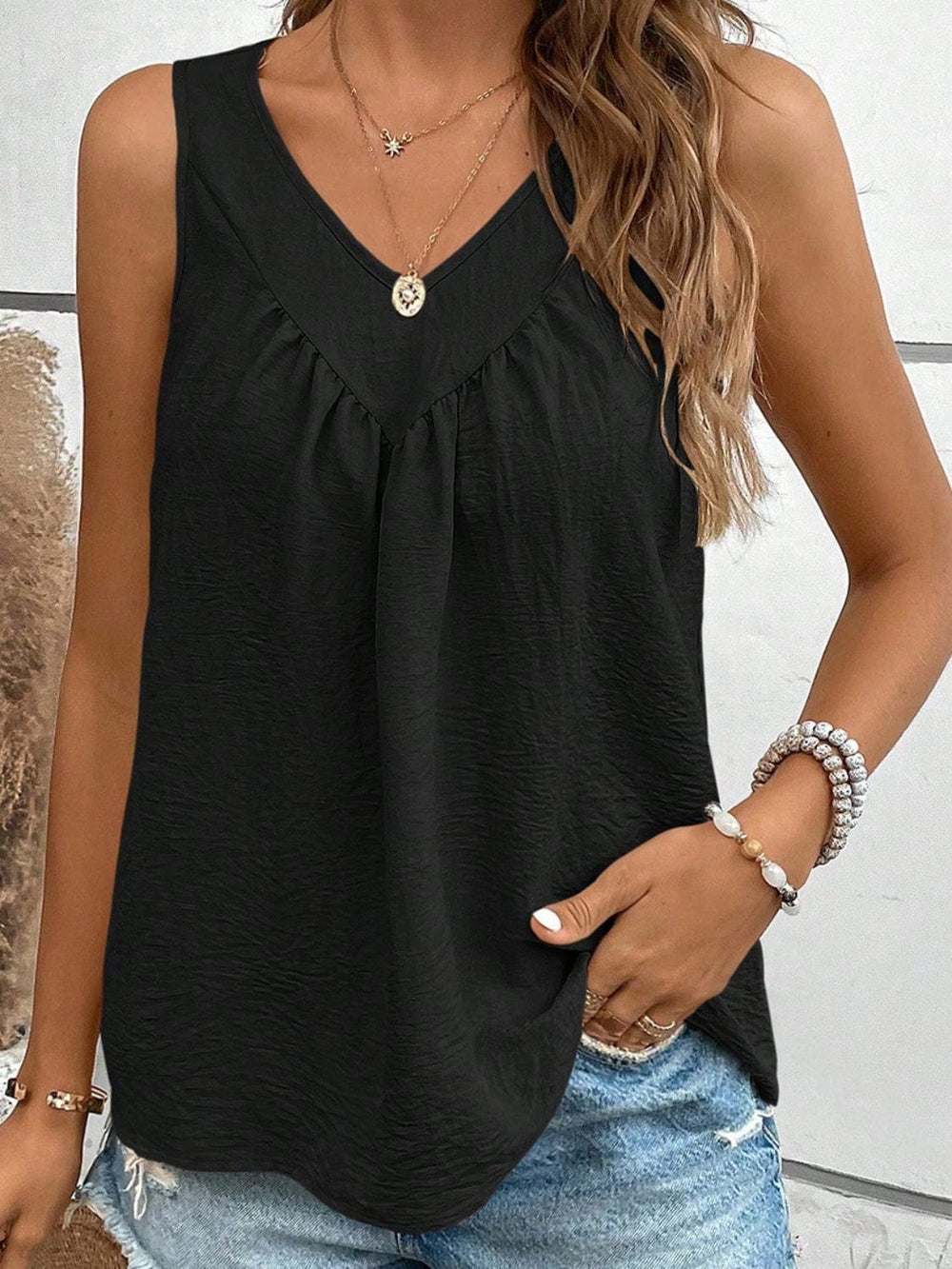 Ruched V-Neck Wide Strap Tank - Trendsi