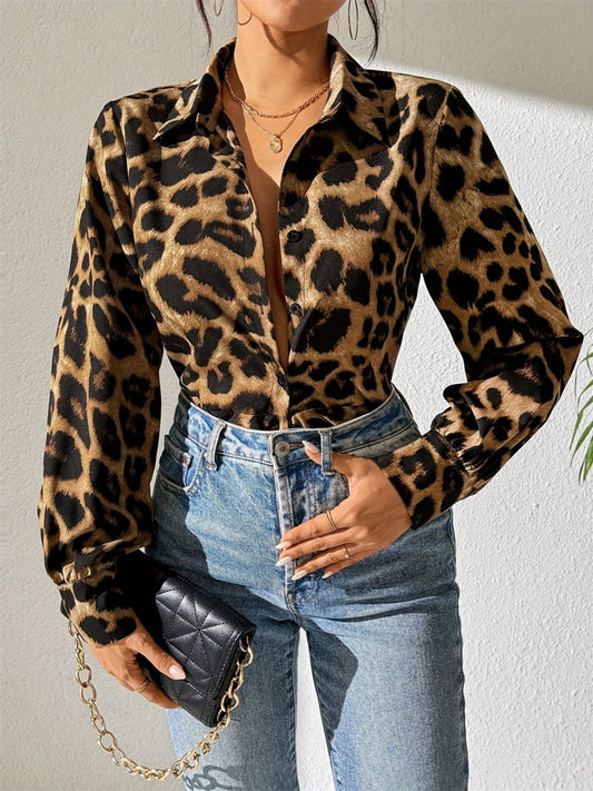 Leopard Collared Neck Long Sleeve Shirt - Trendsi