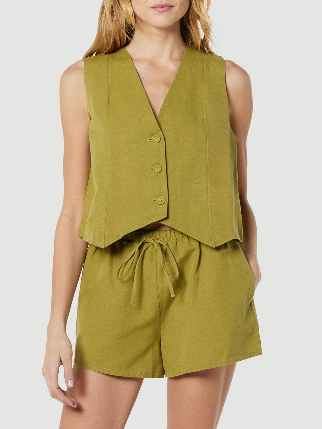 Button Up V-Neck Top and Pocketed Shorts Set - Trendsi - Flyclothing LLC