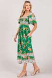 SAGE + FIG Printed Smocked Short Sleeve Midi Dress - Trendsi