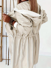 Drawstring Long Sleeve Hooded Trench Coat - Trendsi