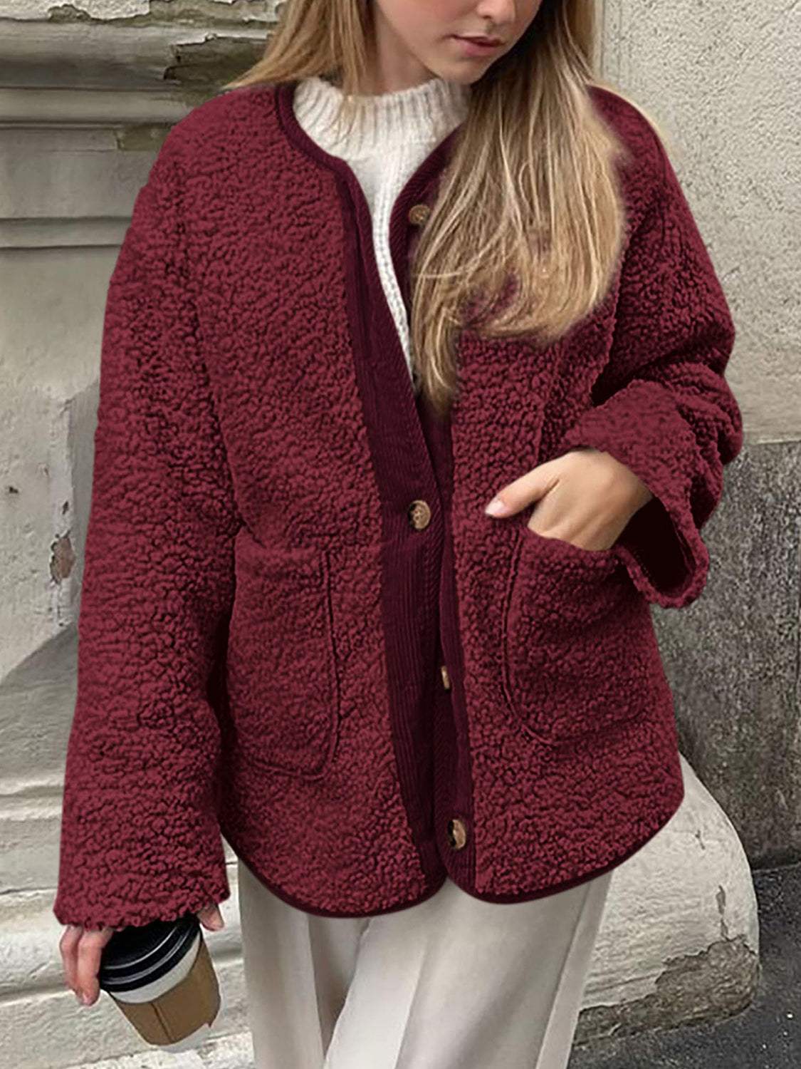 Contrast Button Up Sherpa Jacket with Pockets - Trendsi - Flyclothing LLC