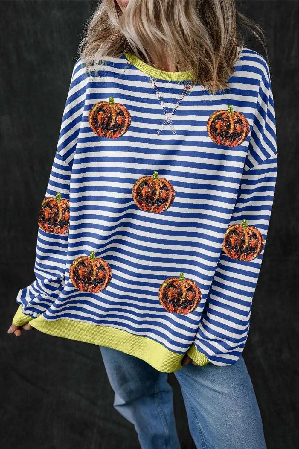 Pumpkin Striped Round Neck Long Sleeve Sweatshirt - Trendsi - Flyclothing LLC