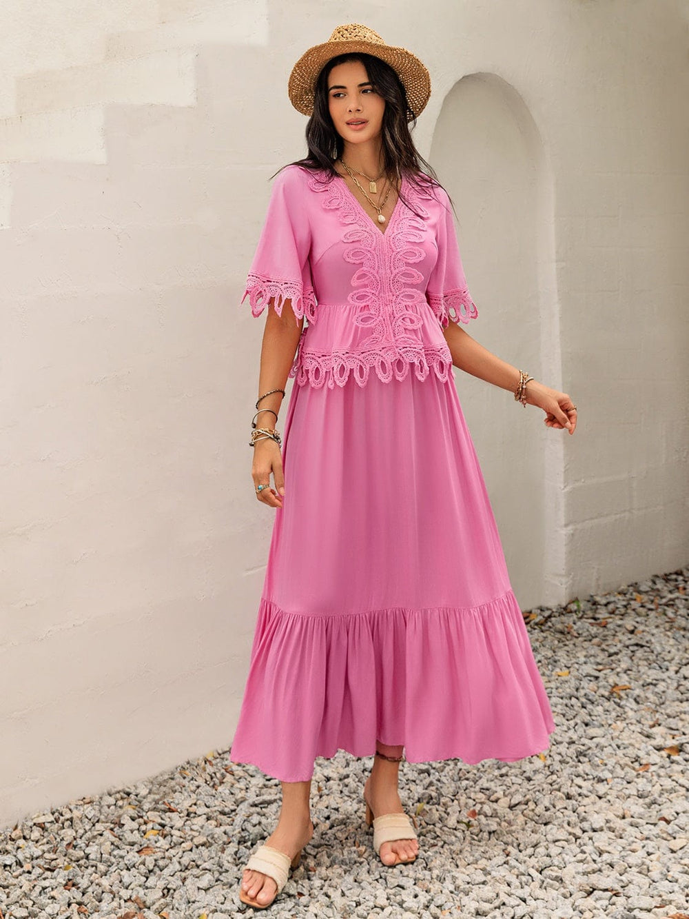 Lace Detail V-Neck Half Sleeve Midi Dress - Trendsi