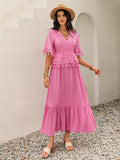 Lace Detail V-Neck Half Sleeve Midi Dress - Trendsi