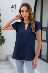 Ruffled Notched Short Sleeve Blouse - Trendsi