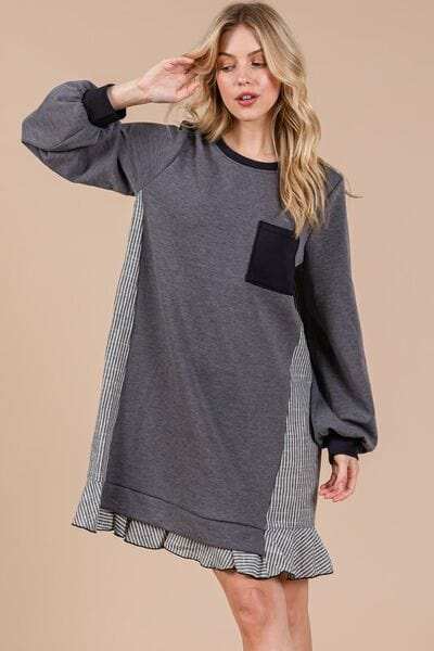 Ces Femme Striped Patchwork Round Neck Terry Sweatshirt Dress - Trendsi - Flyclothing LLC