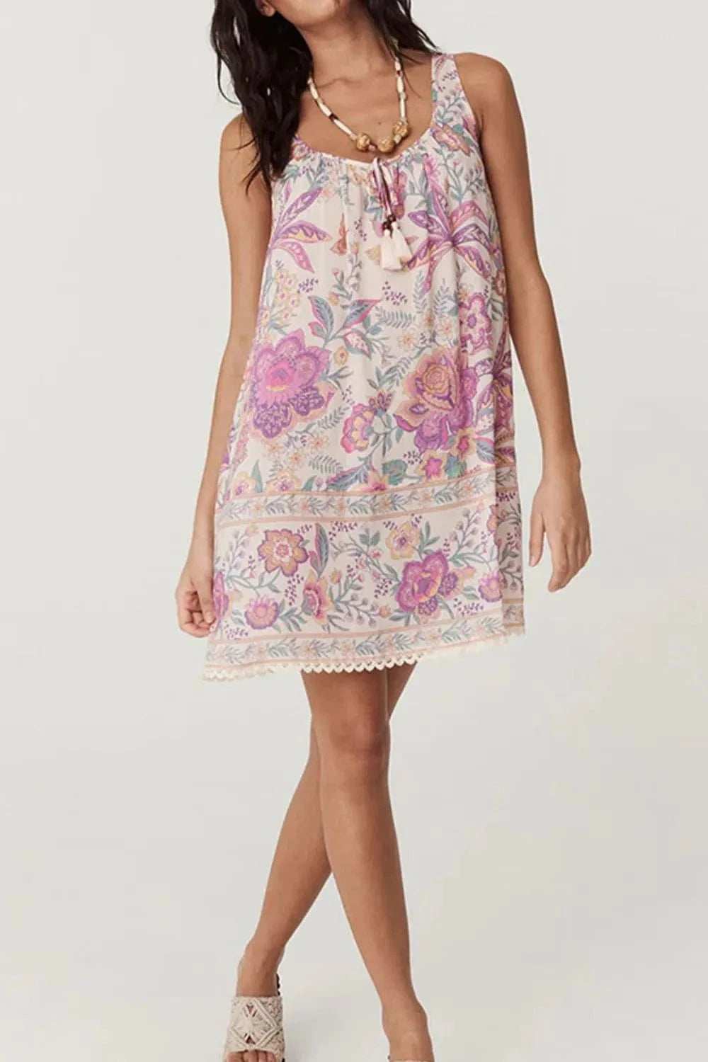 Multicolour Floral Tie Neck Sleeveless Mini Dress - Trendsi - Flyclothing LLC