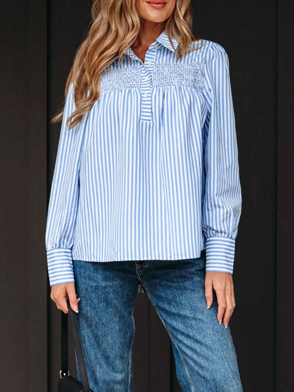 Stripe Shirred Detail Half Placket Collared Long Sleeve Shirt - Trendsi - Flyclothing LLC