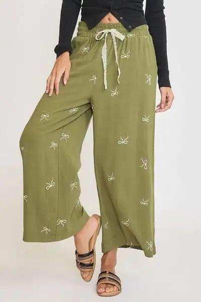Umgee Full Size Lace Drawstring Embroidered Bow Wide Leg Pants Plus Size - Trendsi - Flyclothing LLC