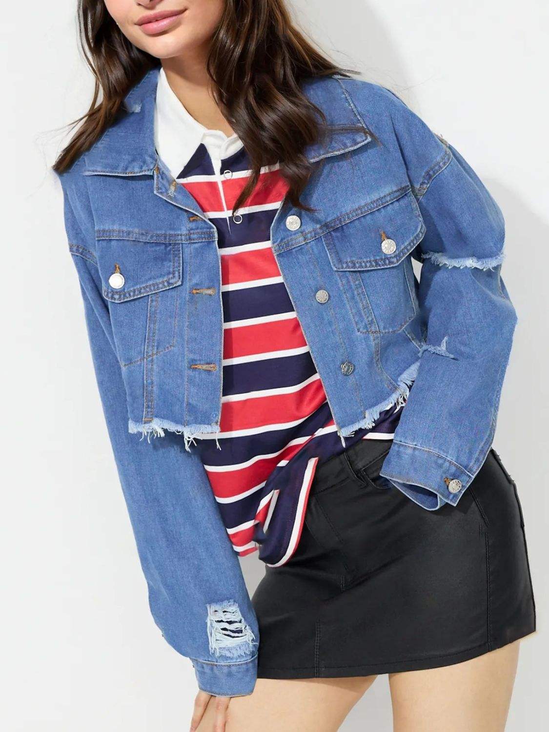 Raw Hem Collared Neck Cropped Denim Top - Trendsi - Flyclothing LLC